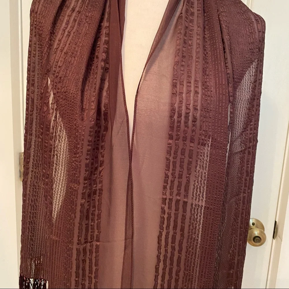 TANNER SCARF BROWN SILK SHEER RIBBED TEXTURE FRINGE LONG RECTANGLE ACCESSORY